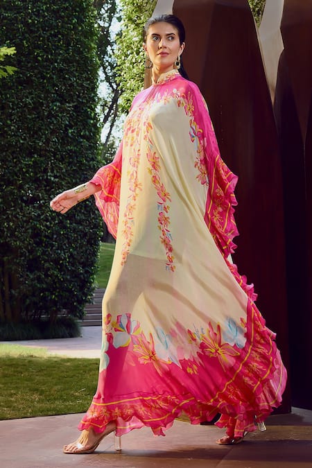 Mandira Wirk Resort Pink Mandarin Collar Floral Placement Print Kaftan at Aza Fashions Mandira Wirk Resort_Pink Mandarin Collar Floral Placement Print Kaftan _at_Aza_Fashions