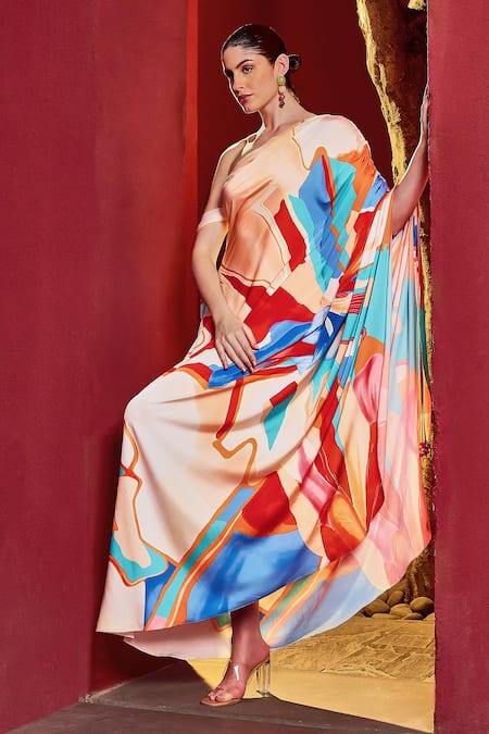 Buy Mandira Wirk Resort Multi Color Silk, Satin, Polyester Asymmetric, One Shoulder Abstract Print Dress Online at Aza Fashions Buy_Mandira Wirk Resort_Multi Color Silk, Satin, Polyester Asymmetric, One Shoulder Abstract Print Dress _Online_at_Aza_Fashions