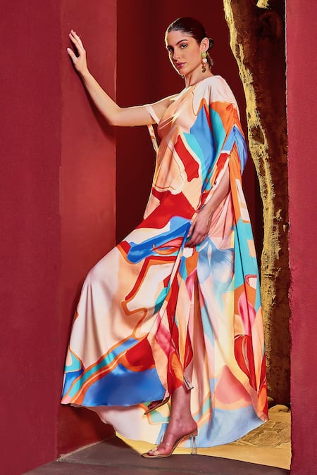 Shop Mandira Wirk Resort Multi Color Silk, Satin, Polyester Asymmetric, One Shoulder Abstract Print Dress Online at Aza Fashions Shop_Mandira Wirk Resort_Multi Color Silk, Satin, Polyester Asymmetric, One Shoulder Abstract Print Dress _Online_at_Aza_Fashions