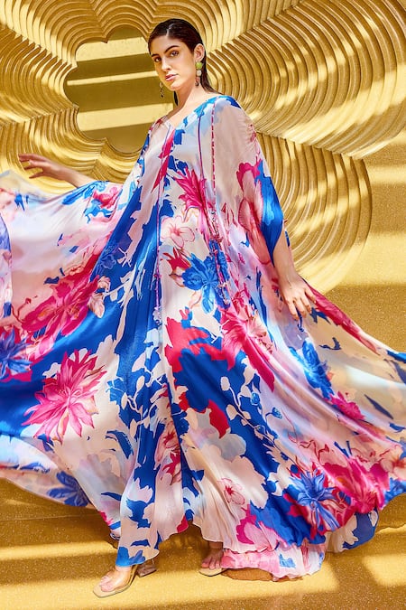 Shop_Mandira Wirk Resort_Blue Chiffon Tassels V-neck Floral Serenity Print Kaftan _at_Aza_Fashions