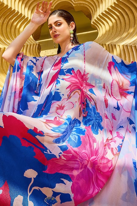 Mandira Wirk Resort_Blue Chiffon Tassels V-neck Floral Serenity Print Kaftan _Online_at_Aza_Fashions