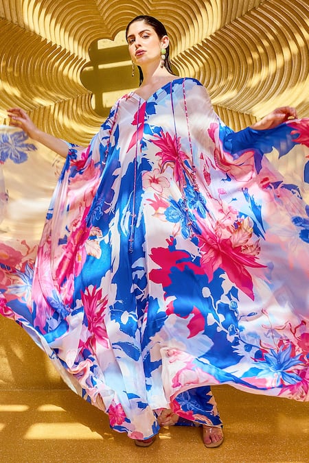 Buy_Mandira Wirk Resort_Blue Chiffon Tassels V-neck Floral Serenity Print Kaftan _Online_at_Aza_Fashions