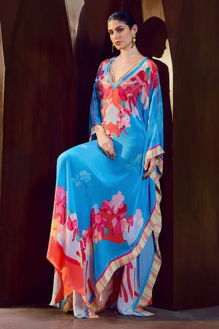Mandira Wirk Resort Blue Viscose V-neck Vibrant Floral Print Kaftan Online at Aza Fashions Mandira Wirk Resort_Blue Viscose V-neck Vibrant Floral Print Kaftan _Online_at_Aza_Fashions