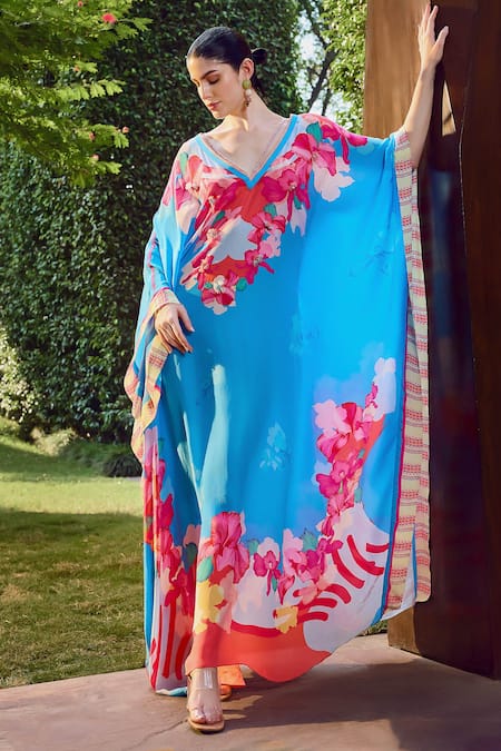Buy Mandira Wirk Resort Blue Viscose V-neck Vibrant Floral Print Kaftan Online at Aza Fashions Buy_Mandira Wirk Resort_Blue Viscose V-neck Vibrant Floral Print Kaftan _Online_at_Aza_Fashions