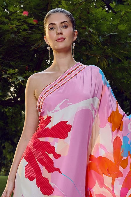 Mandira Wirk Resort Pink Crepe Asymmetric Tropical Print Kaftan Online at Aza Fashions Mandira Wirk Resort_Pink Crepe Asymmetric Tropical Print Kaftan _Online_at_Aza_Fashions