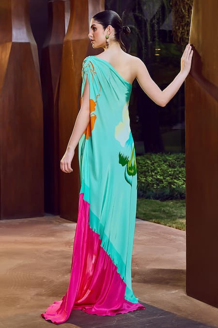 Shop Mandira Wirk Resort Blue Viscose, Crepe One Shoulder Colorblock Printed Kaftan at Aza Fashions Shop_Mandira Wirk Resort_Blue Viscose, Crepe One Shoulder Colorblock Printed Kaftan _at_Aza_Fashions