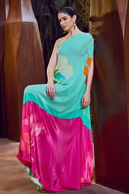 Mandira Wirk Resort Blue Viscose, Crepe One Shoulder Colorblock Printed Kaftan Online at Aza Fashions Mandira Wirk Resort_Blue Viscose, Crepe One Shoulder Colorblock Printed Kaftan _Online_at_Aza_Fashions