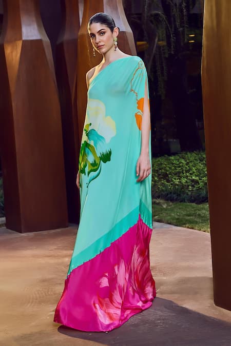 Shop Mandira Wirk Resort Blue Viscose, Crepe One Shoulder Colorblock Printed Kaftan Online at Aza Fashions Shop_Mandira Wirk Resort_Blue Viscose, Crepe One Shoulder Colorblock Printed Kaftan _Online_at_Aza_Fashions