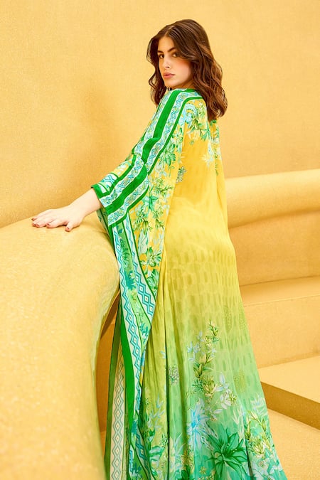 Mandira Wirk Resort_Yellow Crepe Plunge Neck Ombre Floral Placement Print Kaftan _Online_at_Aza_Fashions