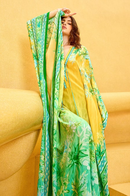 Buy_Mandira Wirk Resort_Yellow Crepe Plunge Neck Ombre Floral Placement Print Kaftan _Online_at_Aza_Fashions