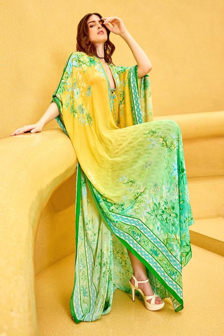 Shop_Mandira Wirk Resort_Yellow Crepe Plunge Neck Ombre Floral Placement Print Kaftan _Online_at_Aza_Fashions