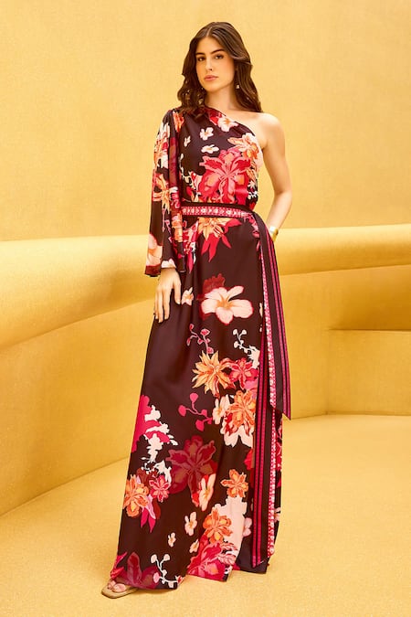 Mandira Wirk One Shoulder Printed Kaftan With Belt 