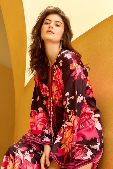 Mandira Wirk Resort_Black Silk, Satin Keyhole Neck Botanical Print Kaftan _Online_at_Aza_Fashions