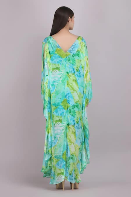 Shop Mandira Wirk Resort Green Chiffon V-neck Tropical Breeze Print Kaftan at Aza Fashions Shop_Mandira Wirk Resort_Green Chiffon V-neck Tropical Breeze Print Kaftan _at_Aza_Fashions