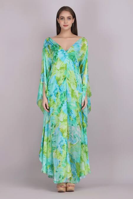 Mandira Wirk Resort Green Chiffon V-neck Tropical Breeze Print Kaftan Online at Aza Fashions Mandira Wirk Resort_Green Chiffon V-neck Tropical Breeze Print Kaftan _Online_at_Aza_Fashions