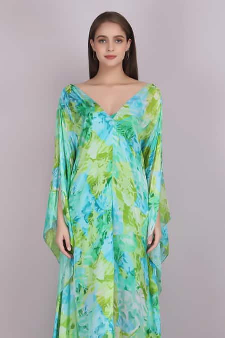Buy Mandira Wirk Resort Green Chiffon V-neck Tropical Breeze Print Kaftan Online at Aza Fashions Buy_Mandira Wirk Resort_Green Chiffon V-neck Tropical Breeze Print Kaftan _Online_at_Aza_Fashions