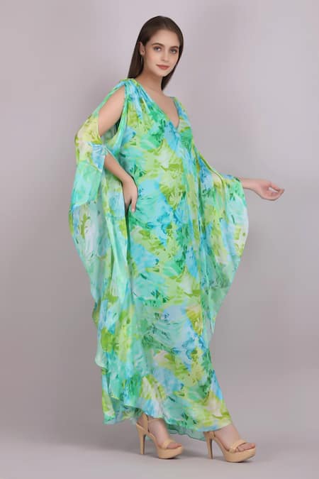 Shop Mandira Wirk Resort Green Chiffon V-neck Tropical Breeze Print Kaftan Online at Aza Fashions Shop_Mandira Wirk Resort_Green Chiffon V-neck Tropical Breeze Print Kaftan _Online_at_Aza_Fashions
