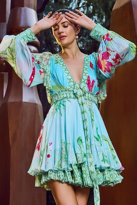 Shop_Mandira Wirk Resort_Blue Chiffon Embroidery Plunge Neck Floral Print Dress _Online_at_Aza_Fashions