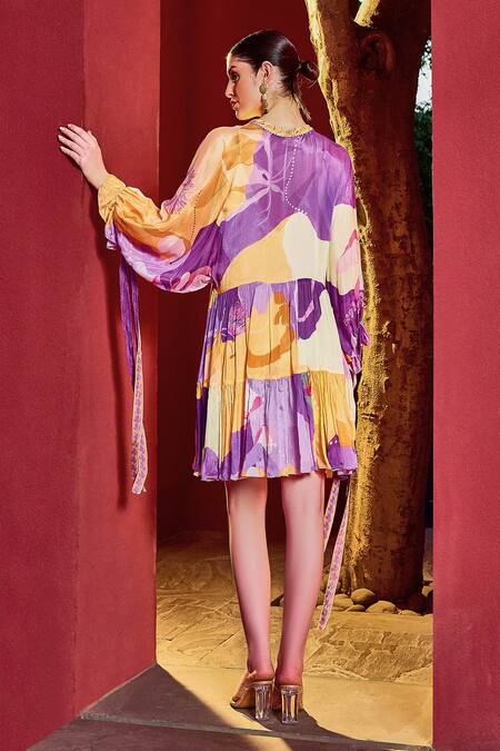 Shop_Mandira Wirk Resort_Purple Chiffon V-neck Eucalyptus Breeze Print Dress _at_Aza_Fashions