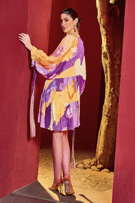 Shop_Mandira Wirk Resort_Purple Chiffon V-neck Eucalyptus Breeze Print Dress _Online_at_Aza_Fashions