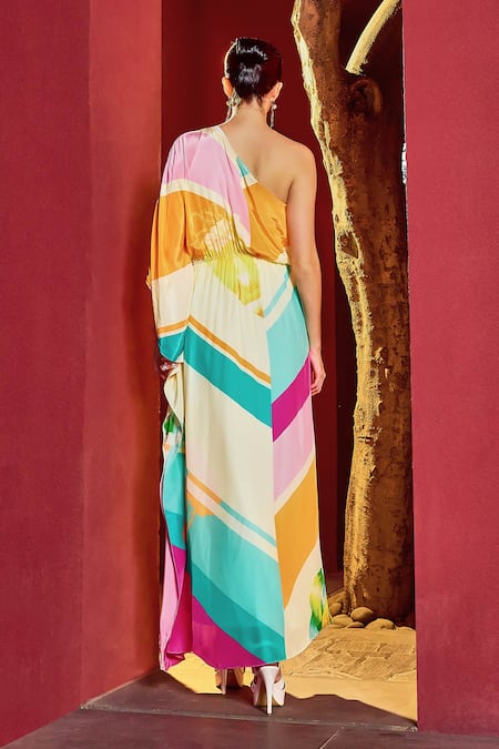 Shop_Mandira Wirk Resort_Multi Color Viscose, Crepe Pearls, Embroidery One Shoulder Printed Kaftan _at_Aza_Fashions