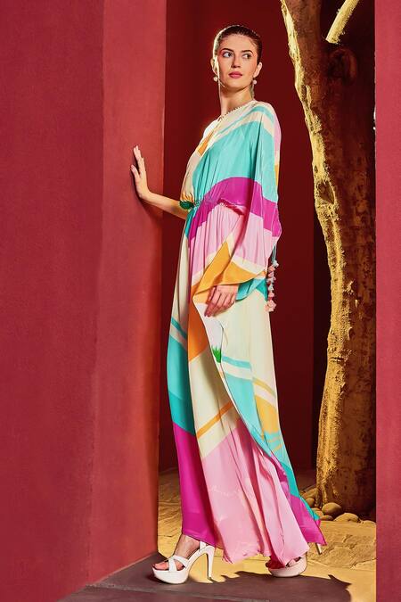 Buy_Mandira Wirk Resort_Multi Color Viscose, Crepe Pearls, Embroidery One Shoulder Printed Kaftan _Online_at_Aza_Fashions