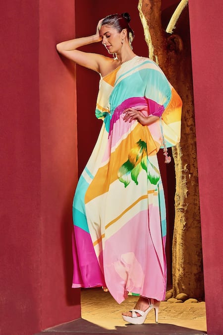 Shop_Mandira Wirk Resort_Multi Color Viscose, Crepe Pearls, Embroidery One Shoulder Printed Kaftan _Online_at_Aza_Fashions