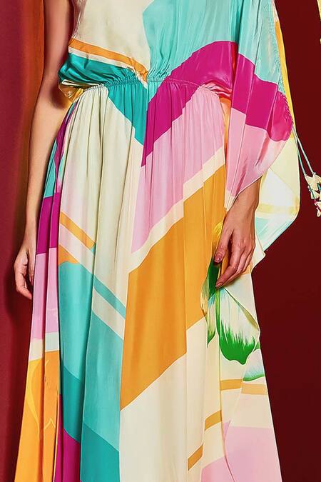 Mandira Wirk Resort_Multi Color Viscose, Crepe Pearls, Embroidery One Shoulder Printed Kaftan _at_Aza_Fashions