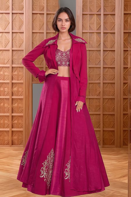 Samyukta Singhania Pink Silk Imported Embroidery Sequin Spread Collar Bloom Jacket Lehenga Set 