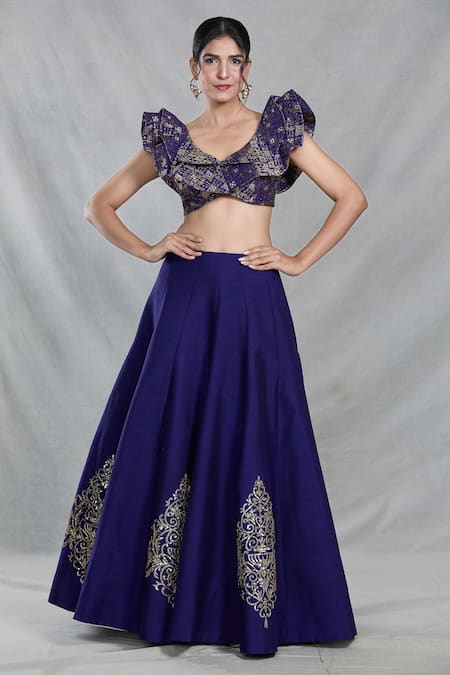 Shop_Samyukta Singhania_Blue Silk Sequins Round Neck Ambrosia Embroidered Lehenga Set 