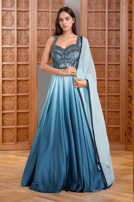 Samyukta Singhania Blue Anarkali Satin Embellished Beads V-neck Shaded With Dupatta 