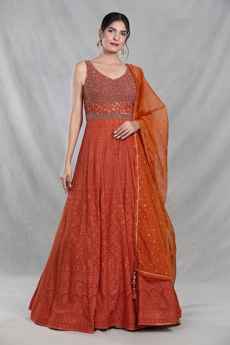 Shop_Samyukta Singhania_Orange Georgette Sequins, Beads Persian Darbar Embroidered Gown With Dupatta 