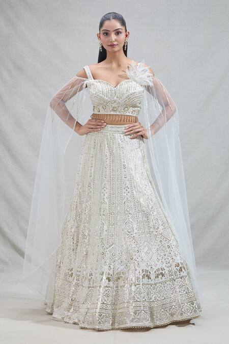 Buy_Samyukta Singhania_White Georgette Sequins, Beads, Regal Floral Lehenga With Cape Blouse