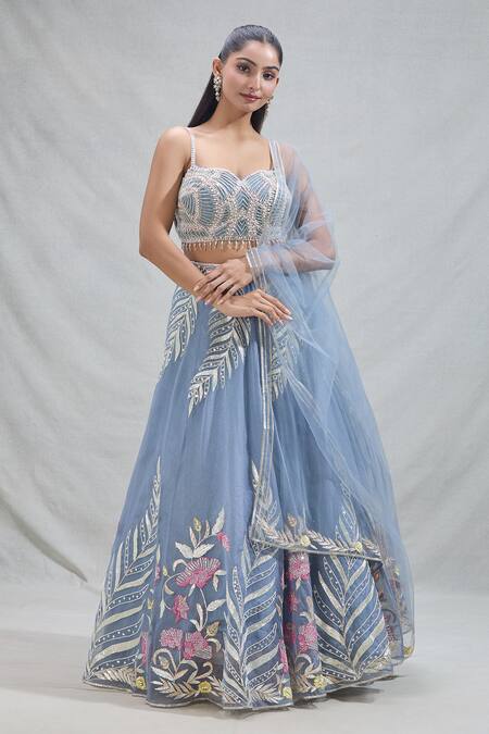 Buy_Samyukta Singhania_Grey Net Beads, Sequins, Embroidery Sweetheart Neck Flower Vine Lehenga Set