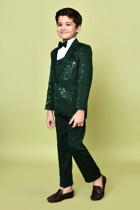 Buy_Petite Pomme_Green Cotton Satin, Polyester, Terrycloth Tonal Embroidered Coat Pant Set 