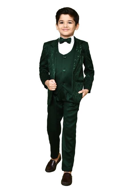 Shop Petite Pomme Green Cotton Satin, Polyester, Terrycloth Tonal Embroidered Coat Pant Set Shop_Petite Pomme_Green Cotton Satin, Polyester, Terrycloth Tonal Embroidered Coat Pant Set