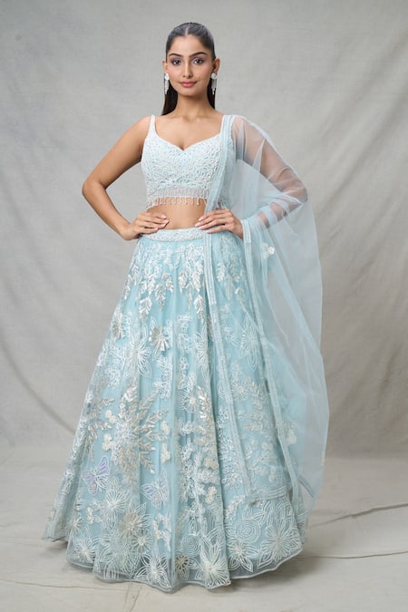 Buy_Samyukta Singhania_Blue Net Pearls, Sequins, Tassels Floral Thread Embroidered Lehenga Set 