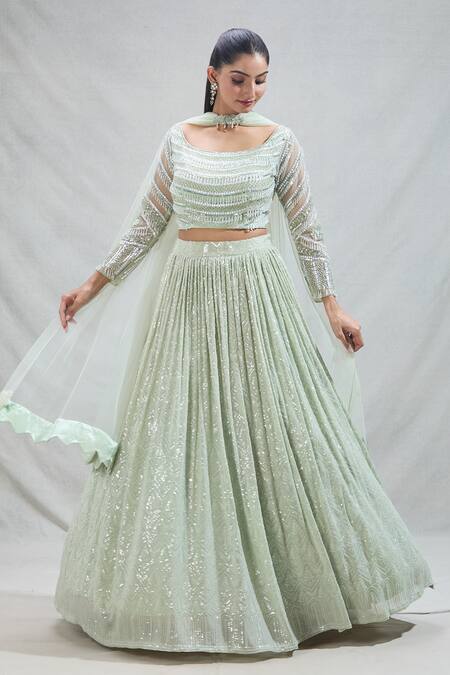 Buy_Samyukta Singhania_Green Georgette Sequins, Beads Scoop Neck Geometric Embroidered Lehenga Set