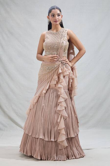 Buy_Samyukta Singhania_Pink Georgette Beads Round Neck Ruffled Panel Drape Attached Lehenga With Blouse 