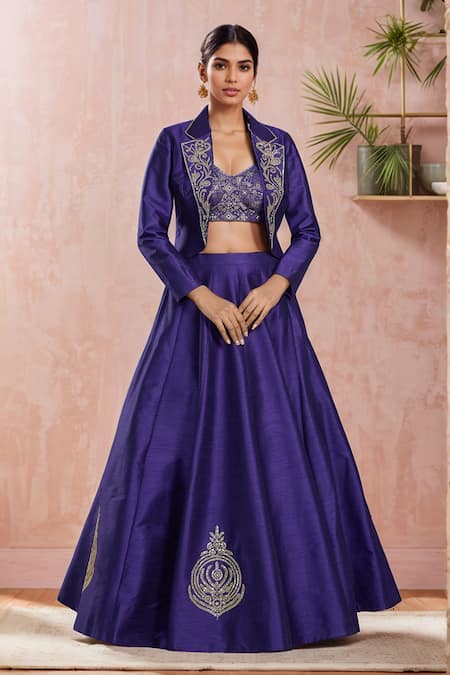 Samyukta Singhania Blue Raw Silk Embroidery Sequin Lapel Collar Blazer Jacket Lehenga Set 