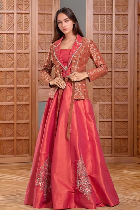 Samyukta Singhania Geometric Woven Layered Jacket Embroidered Lehenga Set 