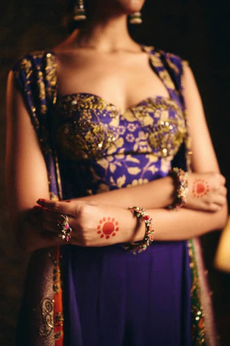 Buy_Aayushi Maniar_Blue Georgette, Organza Sequins, Arundhati Patchwork Kalidar Jacket And Pant Set _Online_at_Aza_Fashions