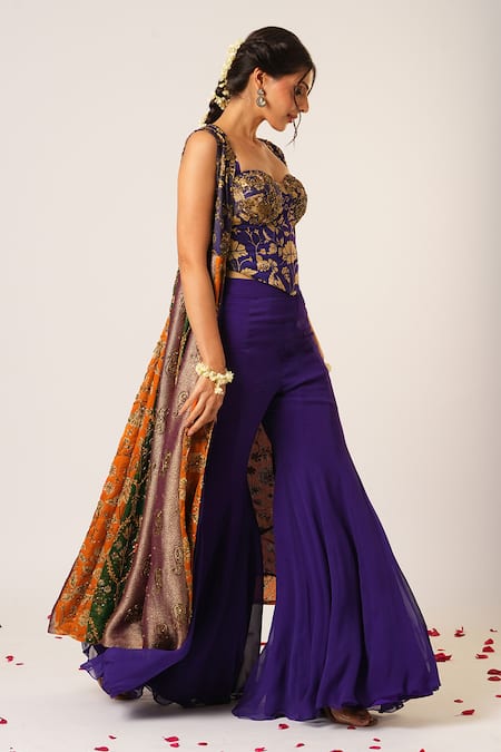 Shop_Aayushi Maniar_Blue Georgette, Organza Sequins, Arundhati Patchwork Kalidar Jacket And Pant Set _Online_at_Aza_Fashions