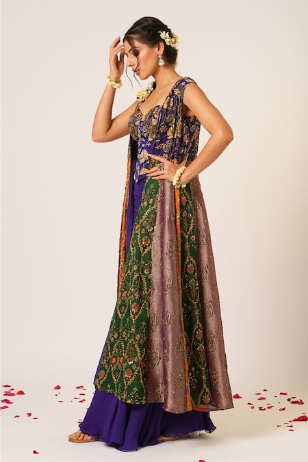 Aayushi Maniar_Blue Georgette, Organza Sequins, Arundhati Patchwork Kalidar Jacket And Pant Set _at_Aza_Fashions