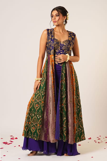 Buy_Aayushi Maniar_Blue Georgette, Organza Sequins, Arundhati Patchwork Kalidar Jacket And Pant Set 