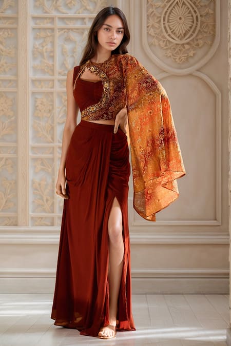 Samyukta Singhania Solid Draped Skirt Set With Jacket 