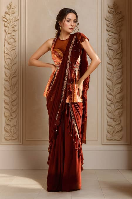 Samyukta Singhania Ruffle Hem Pre-Draped Saree With Peplum Blouse 