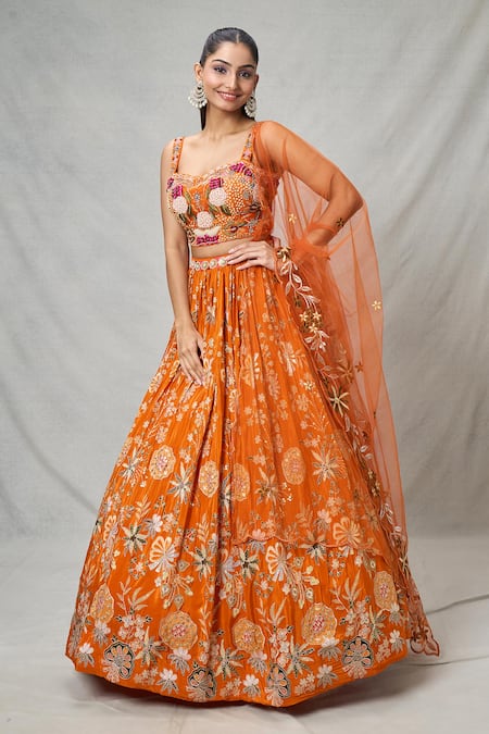 Samyukta Singhania Orange Crepe, Chiffon Pearls, Sequins, Beads Floral Embroidered Lehenga Set at Aza Fashions Samyukta Singhania_Orange Crepe, Chiffon Pearls, Sequins, Beads Floral Embroidered Lehenga Set _at_Aza_Fashions
