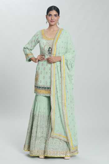 Samyukta Singhania_Green Georgette Pearls, Sequins Floral Zardozi Embroidered Kurta Sharara Set _at_Aza_Fashions