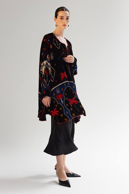 NOIB_Multi Color Viscose, Silk, Velvet Open Demi Arabian Nights Reversible Poncho_Online_at_Aza_Fashions